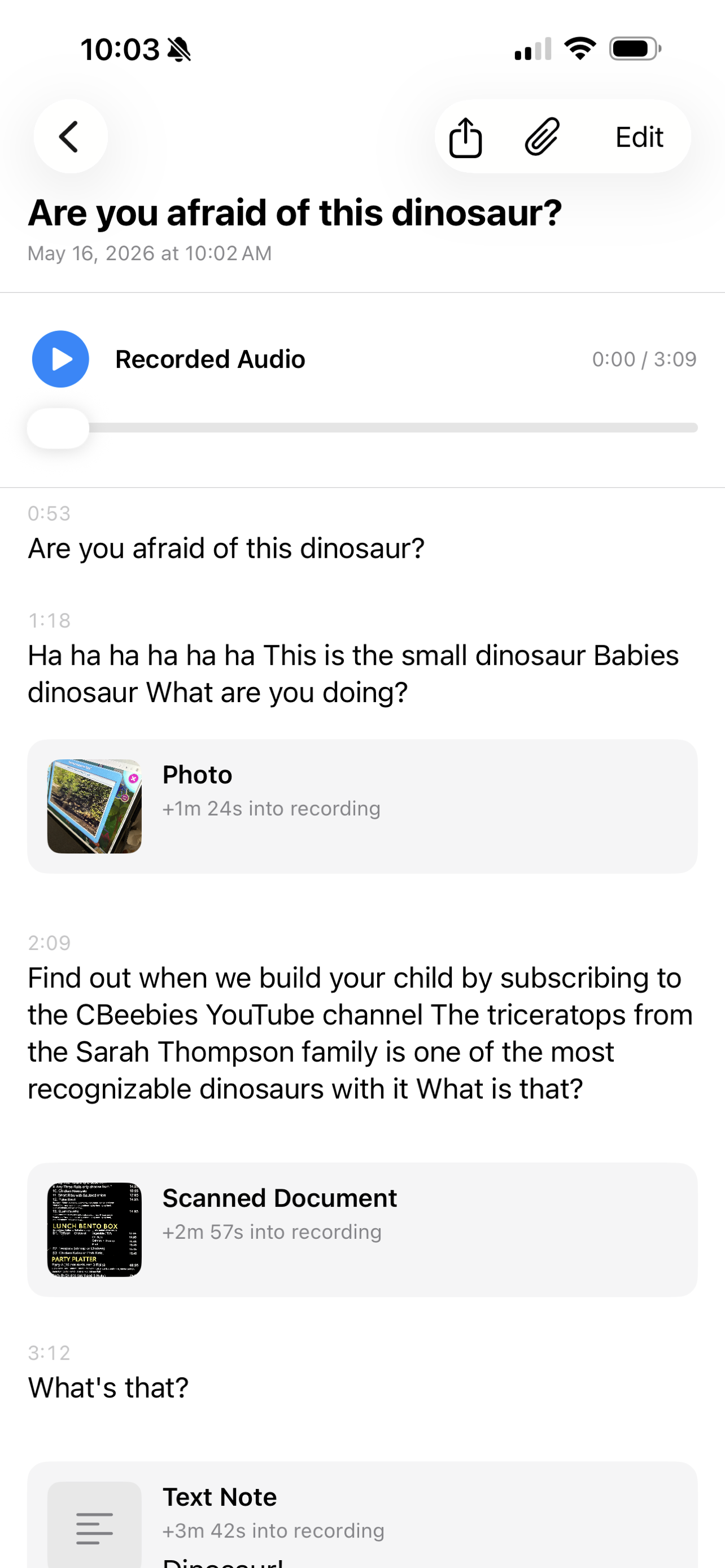Note detail — timeline with attachments