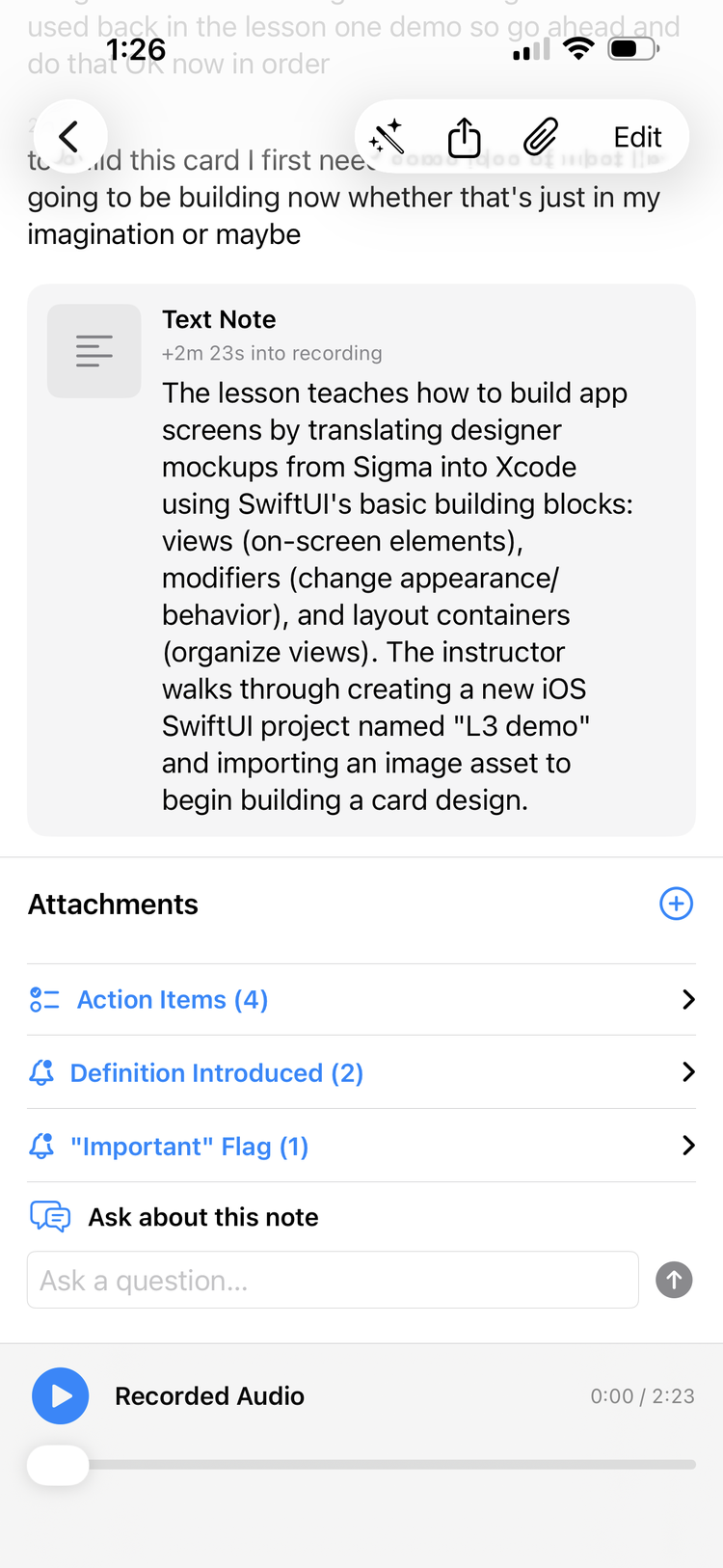 A saved lecture note with its AI summary, attachment rows for Action Items, Definition Introduced and Important Flag, and an Ask about this note question field