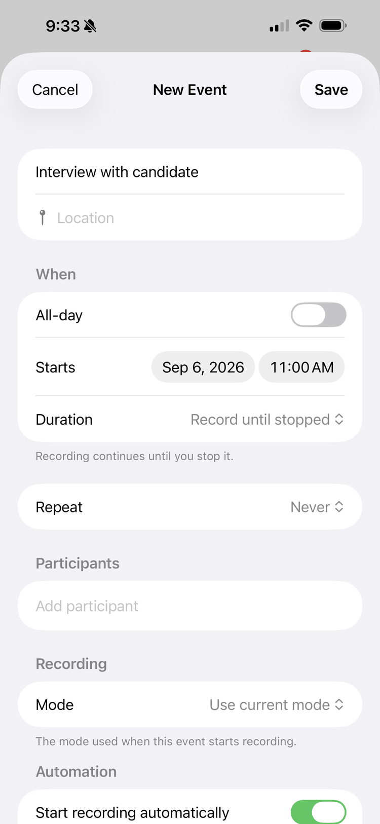 The New Event editor with a start time, duration, repeat setting, recording mode, and a Start recording automatically toggle switched on