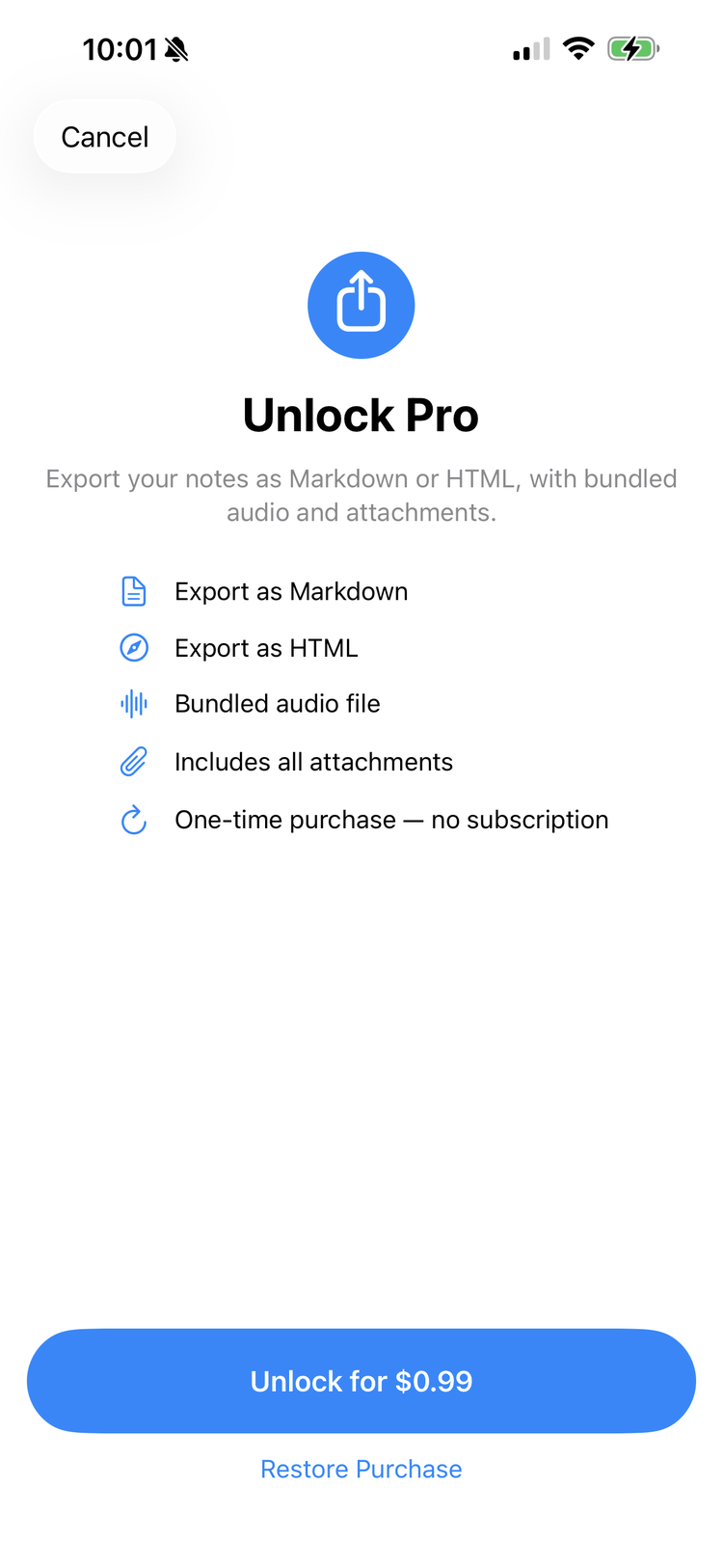 The Unlock Pro sheet listing Export as Markdown, Export as HTML, bundled audio file, all attachments included, and a one-time purchase