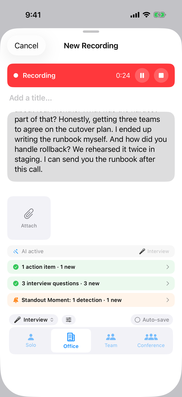 A recording in Interview mode with the live transcript of a candidate describing a database migration, and live cards for 1 action item, 3 interview questions, and a Standout Moment detection