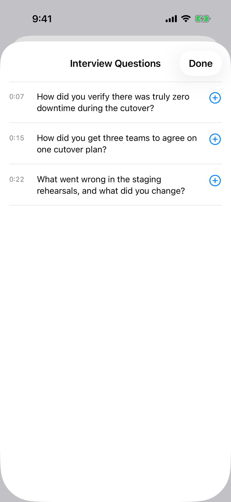 The Interview Questions sheet listing three suggested follow-up questions, each stamped with the moment in the recording it was suggested