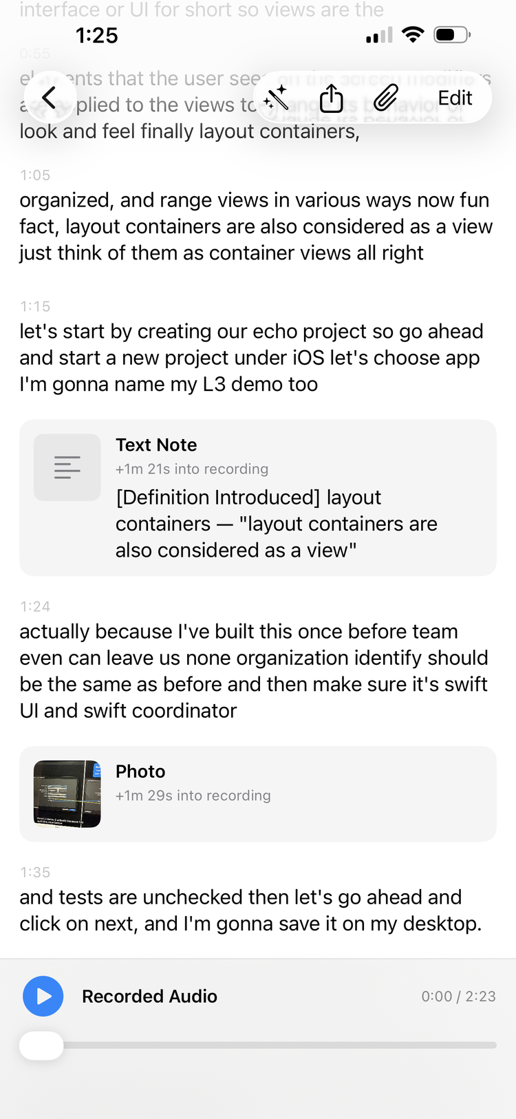 A saved lecture transcript with an inline Definition Introduced note flagging the term layout containers, next to a photo taken 1 minute 29 seconds into the recording