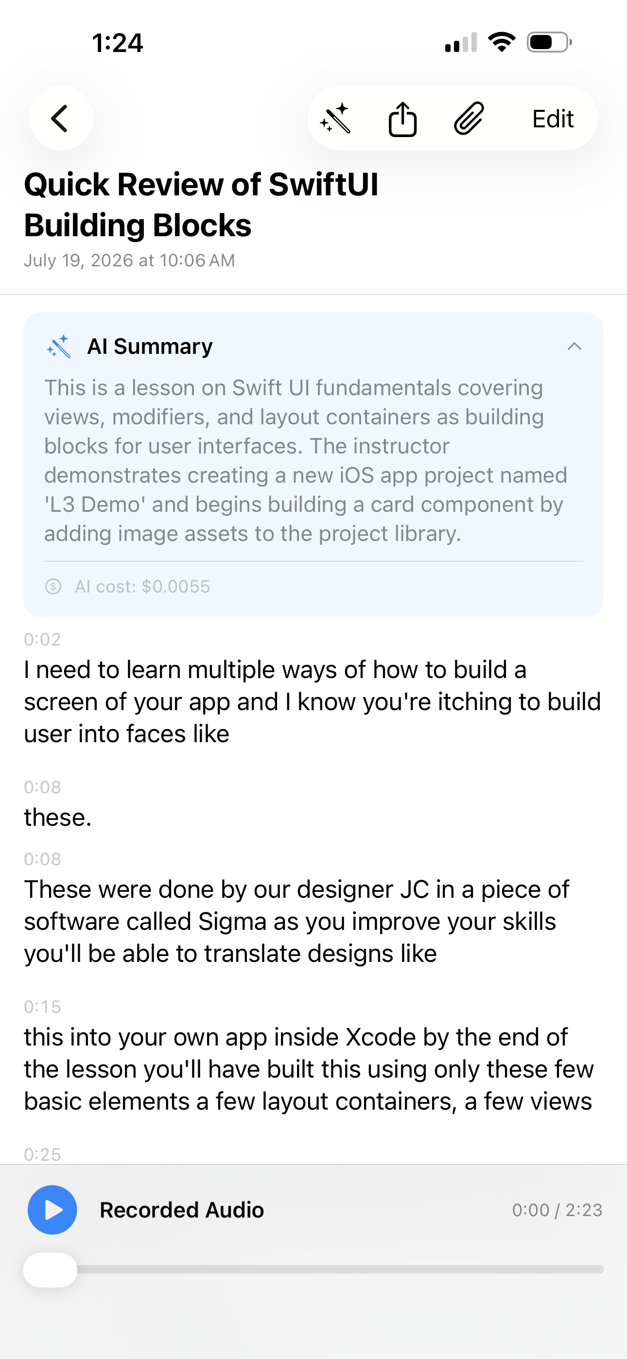 Note detail with AI summary