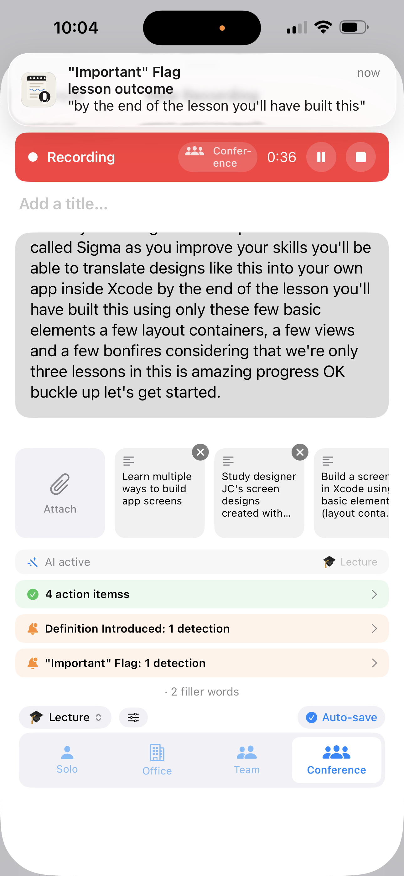 Live recording with AI panel — action items and detections in real time