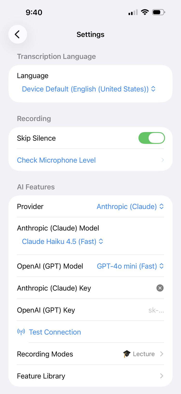 The AI Features section of Settings, with a provider picker set to Anthropic (Claude), model pickers for Claude and GPT, API key fields, and a Test Connection button